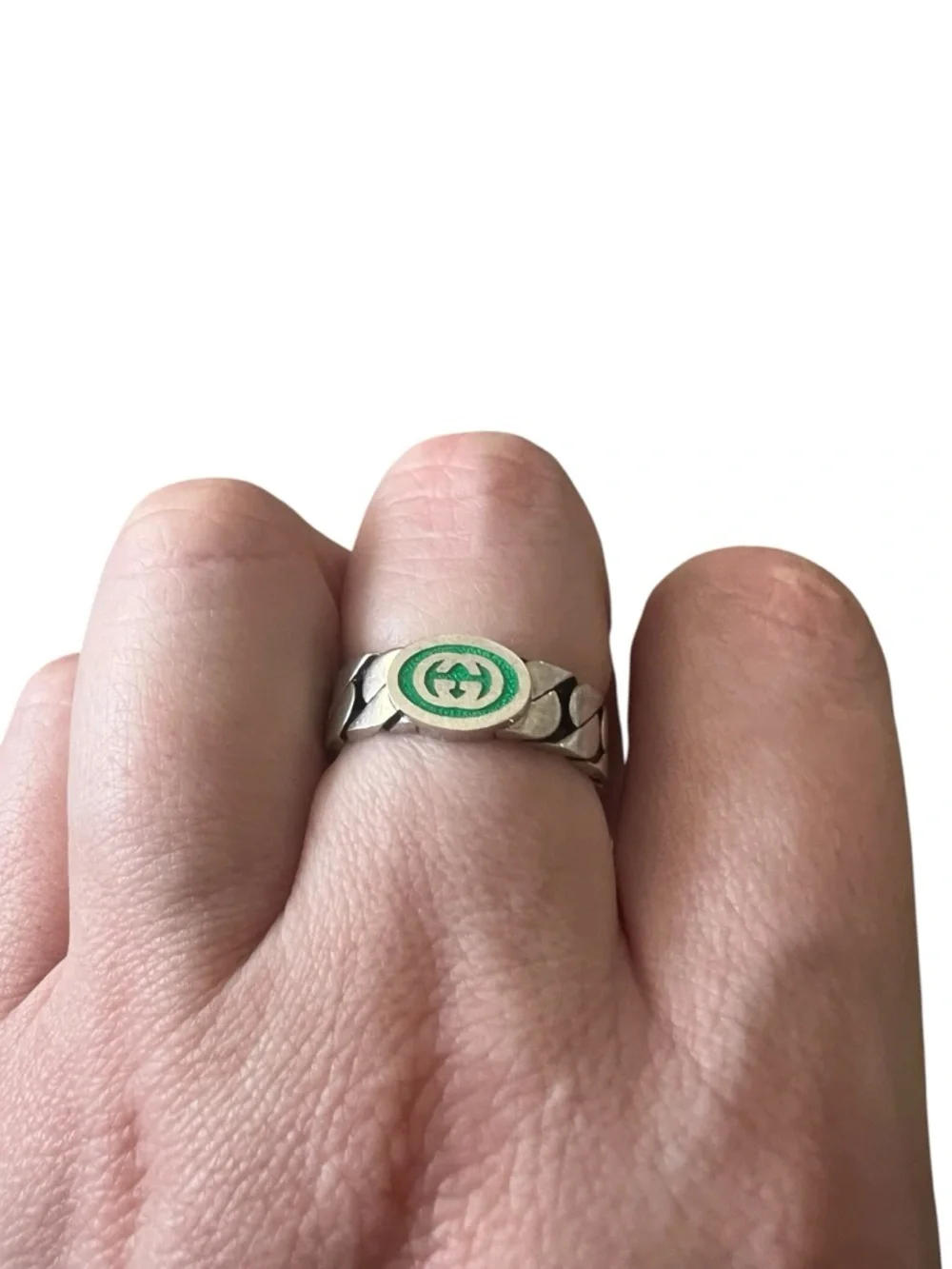 GUCCI Interlocking G Green Enamel Sterling Silver Ring - size US 7.25 - Picture 8 of 10